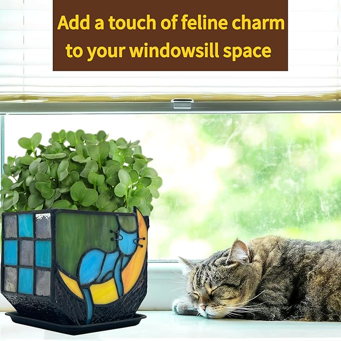 Tiffany Stained Glass Unique Moon Sleeping Blue Cat Planter,Indoor Plant Pots with Drainage,Cute Cat Planter Pots,Decorative Plant Pots, Dried Flowers Pot,Cute Gardening Gifts