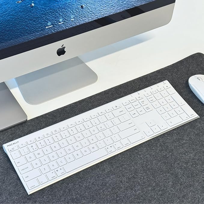Macally Wireless Bluetooth Keyboard for Mac - Compatible Apple Keyboard or MacBook Pro/Air, iMac - Multi-Device, Up to 3 Devices with 110 Keys, 20 Shortcuts, Numeric Keypad, and Rechargeable - White