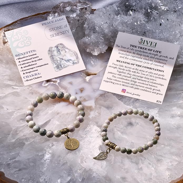 Bivei Natural Semi Precious Gemstone beads bracelet for women - Life Tree and Leaf Charm Energy Reiki Crystal Stretch Bracelets