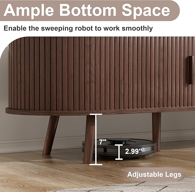 Alohappy 69" Mid Century Modern TV Stand with Power Outlet, Farmhouse Curved Edge TV and Media Console Table with Drawer and Shelf, Fluted Entertainment Center for Living Room, Bedroom, Walnut