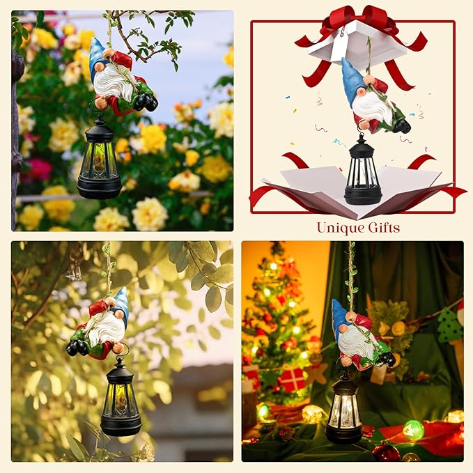 Solar Hanging Gnome Garden Statue Climbing Rope Gnome with LED Lantern Outdoor Decor Tree Hugger Yard Porch Wall Decoration Halloween Christmas Gardening Gift for Mom Women