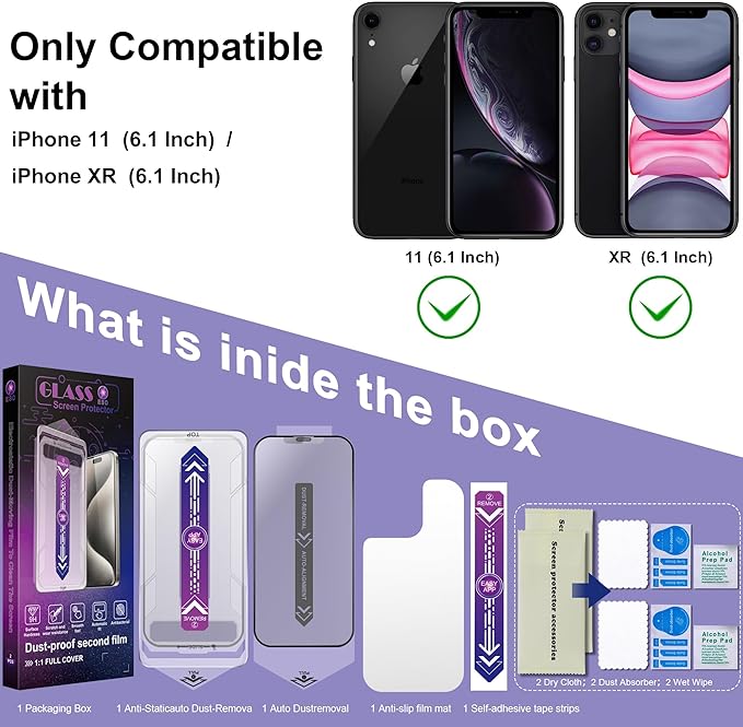 2 Pack Matte Screen Protector for iPhone 11/iPhone XR, 9H Tempered Glass, Full Coverage, Anti-Fingerprint, Auto Dust-Elimination, No Bubble, Easy Installation