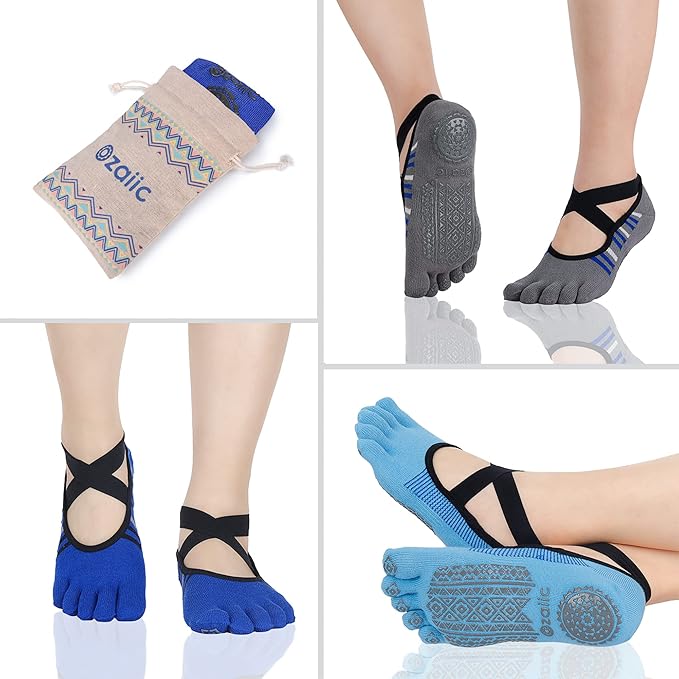 Ozaiic Yoga Socks for Women with Grips, Non-Slip Five Toe Socks for Pilates, Barre, Ballet, Fitness