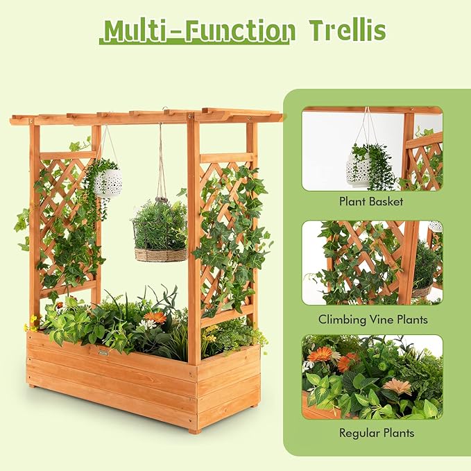 MAT EXPERT Raised Garden Bed with Trellis & Hanging Roof, Lattice Panel with Drainage Hole for Flower, Climbing Plant, Herb, Planter Box for Garden, Patio, Yard (2, 43.5" x 17.5" x 44" (L x W x H))