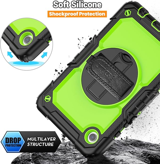SEYMAC for Samsung Galaxy Tab A9 Case 8.7 Inch 2023 (SM-X110/X115/X117), Heavy Duty Shockproof Protective Case with Screen Protector, Rotating Stand, Hand/Shoulder Strap and Pen Holder, Green