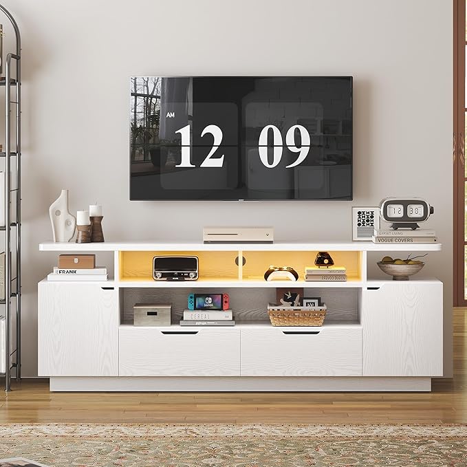 IRONCK TV Stand for TVs 85 inch with Power Outlet and LED Lights, Entertainment Center with Storage Cabinets, Media TV Console with Drawers, Modern TV Stand for Living Room, White