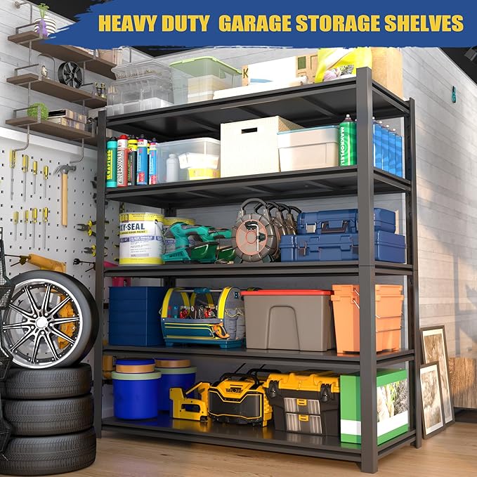3000LBS Garage Shelving Units and Storage, Heavy Duty Shelf Rack, 5 Tier Shelves for Garage Storage, Metal Adjustable Shelf for Basement, Warehouse and Supermarket