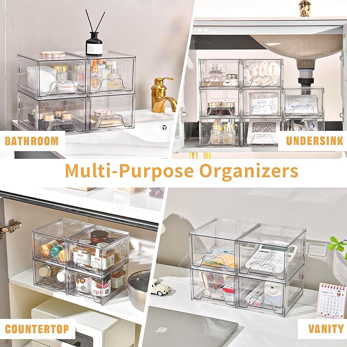 8 Pack Stackable Makeup Organizer, 4.4'' Tall Acrylic Bathroom Makeup Organizer and Storage Drawer with Pull-out Handle, Clear Plastic Storage Bins for Vanity,Pantry,Desk,Undersink,Kitchen
