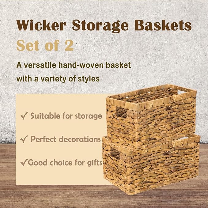 Rectangular Storage Basket 2PCS Water Hyacinth Baskets,Hand-Woven Baskets with Handles,12.99x7.08x8.26″for Living Bedroom Organizing Shelves