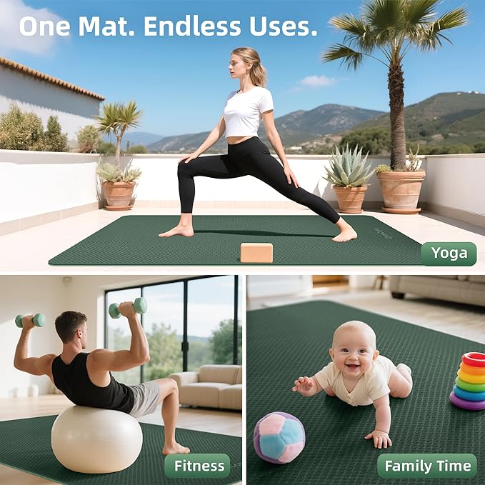 Thick TPE Yoga Mat 72"x48" - 6/8/10/12mm Extra Cushion for Joint Support & Comfort, Non-Slip Texture, Durable & Waterproof, Includes Bag, Strap & Towel for Home Workout, Pilates & Yoga