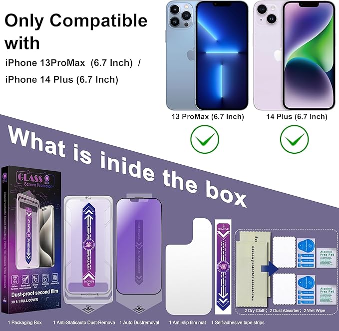 2 Pack Anti Blue Light Matte Screen Protector for iPhone 13 Pro Max/iPhone 14 Plus, 9H Tempered Glass, Full Coverage, Anti-Fingerprint, Auto Dust-Elimination, No Bubble, Easy Installation