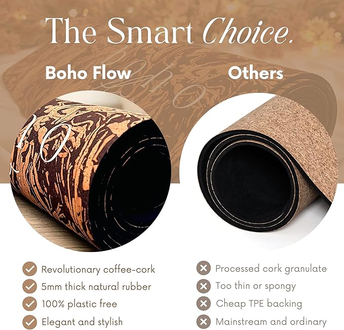 Deluxe Cork Yoga Mat Large 72"x26" - Revolutionary Cork Surface & 5mm Thick Natural Rubber Backing for Durability & Comfort - Stylish Handmade Boho Yoga Bag - Eco Friendly & Plastic Free