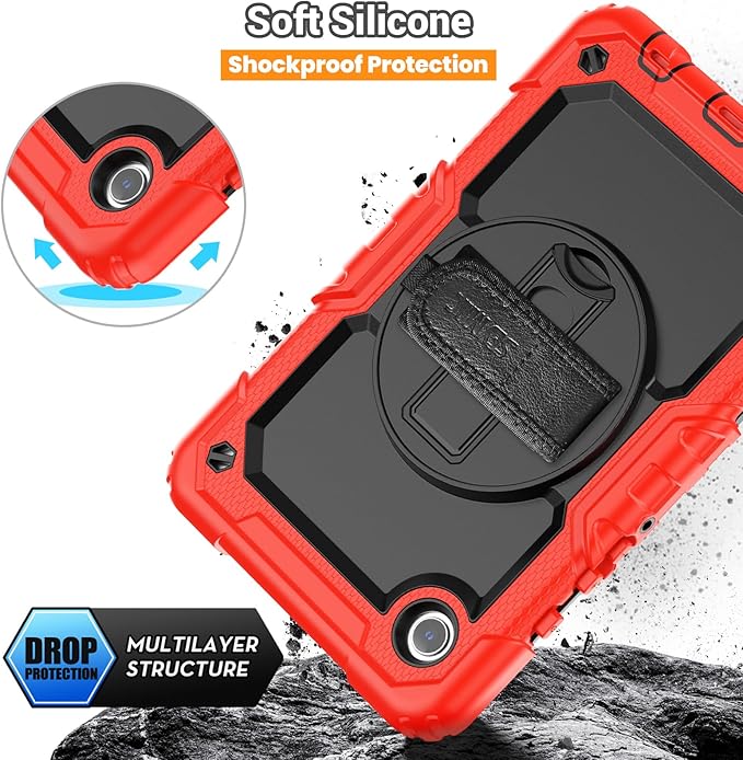 SEYMAC for Samsung Galaxy Tab A9 Case 8.7 Inch 2023 (SM-X110/X115/X117), Heavy Duty Shockproof Protective Case with Screen Protector, Rotating Stand, Hand/Shoulder Strap and Pen Holder, Red