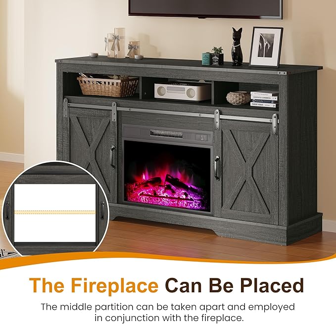 RoyalCraft Farmhouse Fireplace TV Stand for 65+ Inch TV, Entertainment Center with 23" Electric Fireplace with Remote, 34 Tall Modern Rustic TV Console with Sliding Bar Door for Living Room, Dark Grey