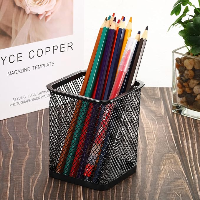 PATIKIL Mesh Pen Holder, Pencil Holder Pencil Basket Pen Cup Locker Organizer Square Makeup Brush Holder for Desk Accessories, Black