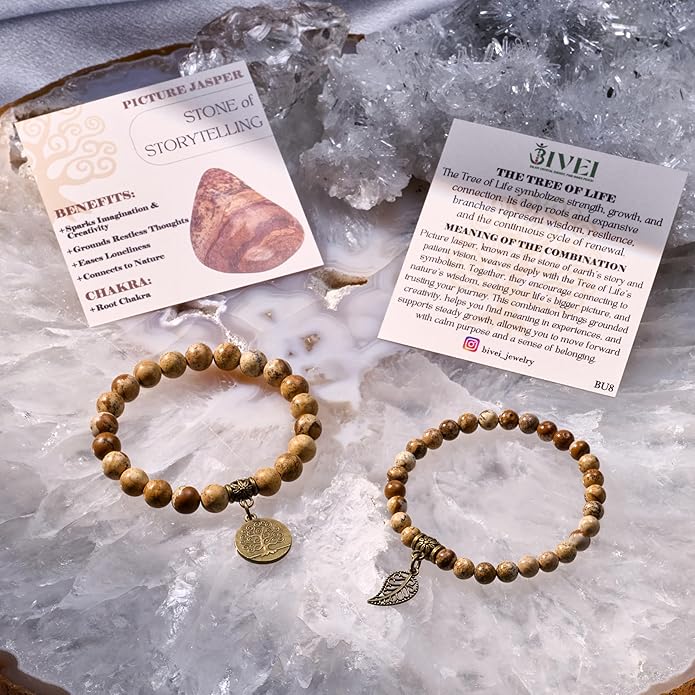 Bivei Natural Semi Precious Gemstone beads bracelet for women - Life Tree and Leaf Charm Energy Reiki Crystal Stretch Bracelets