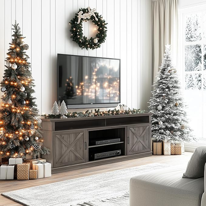 Fireplace TV Stand with Double Barn Doors and Storage Cabinets, Farmhouse Entertainment Center for TVs up to 80", Mid Century Modern Media TV Console Table for Living Room Bedroom(Gray)