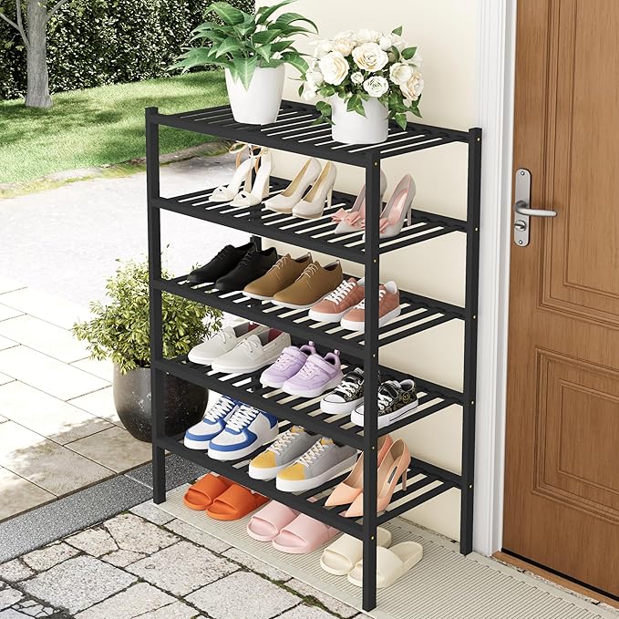 Smiry Shoe Rack, 5 Tier Thick Bamboo Shoe Organizer, Stackable Free Standing Wooden Shoe Storage Shelf for Closet, Entryway, Front Door Entrance, Black