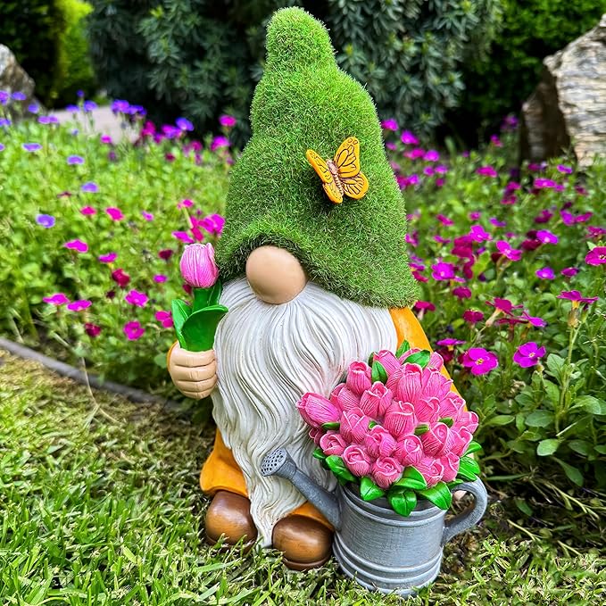 Mood Lab Garden Gnome - Solar Gnome Figurine with Tulips - 9.45 Inch Tall Flower Decor Outdoor Lawn Statue with LED Lights in Tulips