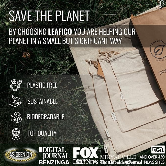 Organic Cotton Produce Bags - Medium 8x10 Inch (12 Bags) - Reusable Muslin Storage Bags with Drawstrings - Biodegradable Canvas Fabric - Perfect for Snacks, Clothes