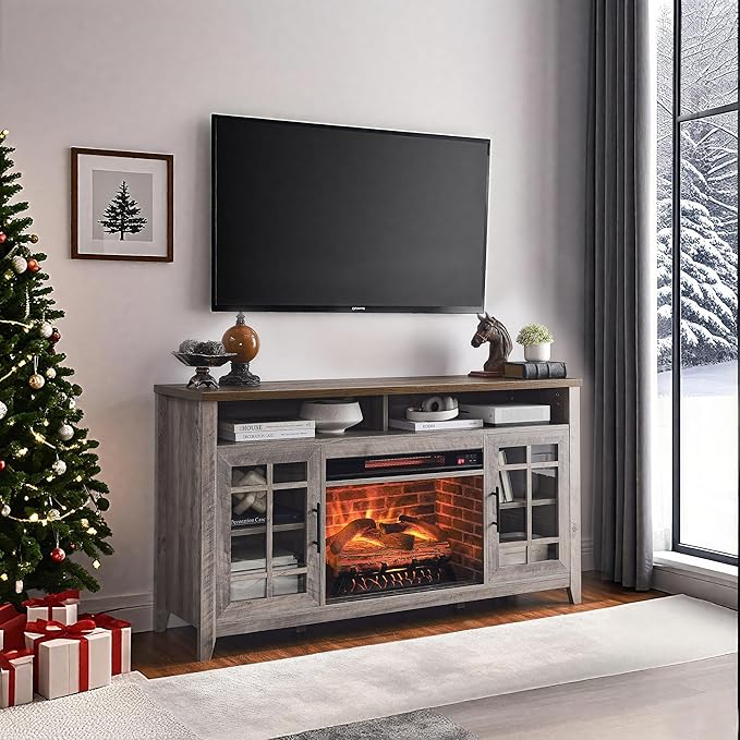 55" Rustic Fireplace TV Stand with 23" Fireplace Heater, Media Entertainment Center for TV up to 65", Open Storage Shelves, Cabinet Console Table, Gray