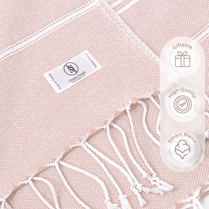 Turkish Beach Towel Quick Dry & Absorbent Oversized (39" x 71") - Lightweight, Versatile and Functional as Picnic and Beach Blanket, Yoga, Gym and Vacation Towels - Powder