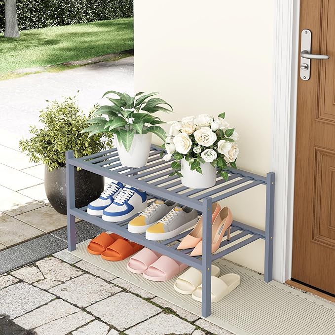 Smiry Shoe Rack, 2 Tier Thick Bamboo Shoe Organizer, Stackable Free Standing Wooden Shoe Storage Shelf for Closet, Entryway, Front Door Entrance, Grey