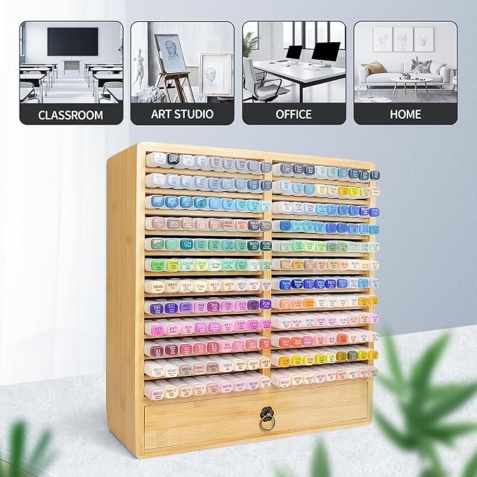 Marker Organizer for 216 Markers, Wooden Marker Storage Organizer with 12 Layers × 2 Compartments, Bamboo Marker Holder with Drawer for Art Supplies and Pens