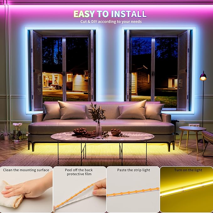 PAUTIX 5V USB COB RGB LED Strip Light 9.84ft/3m Color Changing Light Strips,TV Backlight Multicolor Flexible Under Cabinet Tape Lights with Bluetooth Control for Bedroom,Kitchen,Home DIY Lighting