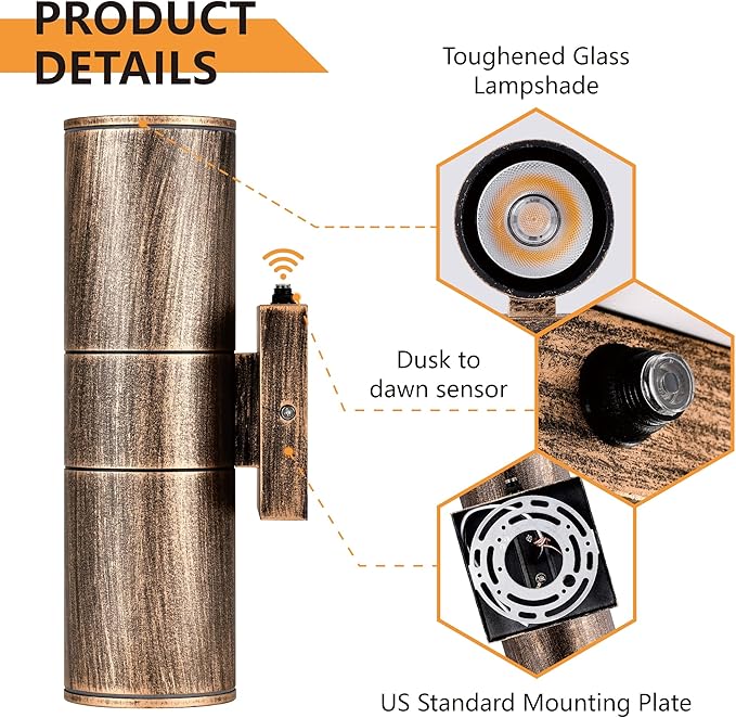 Dusk to Dawn Outdoor Lighting Sensor Wall Lights 2Pack, 12W 2700K Integrated LED Cylinder Up Down Lights Outdoor, IP65 Waterproof Aluminum Exterior Wall Sconce for Porch Patio.(Bronze)