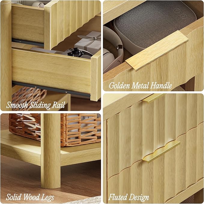 Huuger 27.6 Inch Tall Night Stand with Charger Station, USB-C Port, Fluted Nightstand with 2 Deep Drawers, Larger Wider Bed Side Table with Open Shelf, Bedroom Living Room End Table, Natural Wood