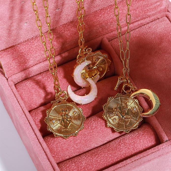 Gold Zodiac Sign Embossed Coin Opal Crescent Moon Charm Necklace for Women Trendy 18K Gold Plated Retro Paperclip Chain 12 Constellation Horoscope Necklaces Astrology Jewelry Gifts