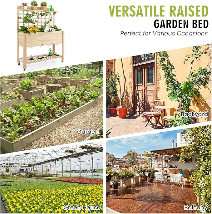 S AFSTAR Raised Garden Bed with Trellis, 41.5x16x54in Mobile Elevated Planter Box with Wheels, Bed Liner, Top/Bottom Storage Shelves, Freestanding Wood Planter Stand for Garden Patio Balcony