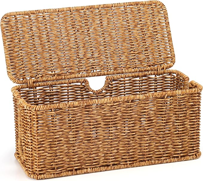 Handmade Cable Management Box, Imitation Rattan Cord Organizer Cord Hider Box, Desk Cord Management Box to Hide Cords and Power Strip L12.5 W5 H5.2 CB2412 Deep Speckled Brown