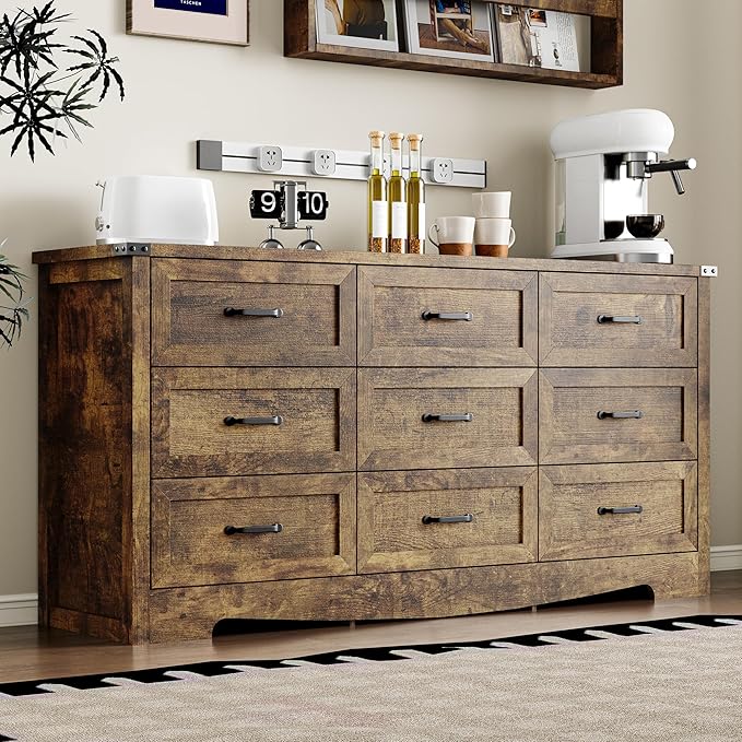 9-Drawer Dresser for Bedroom, Modern Wooden Chest of Drawers with Metal Handles, Anti-Tipping Design, Sturdy and Stable Storage Organizer for Living Room, Entryway, Home Office