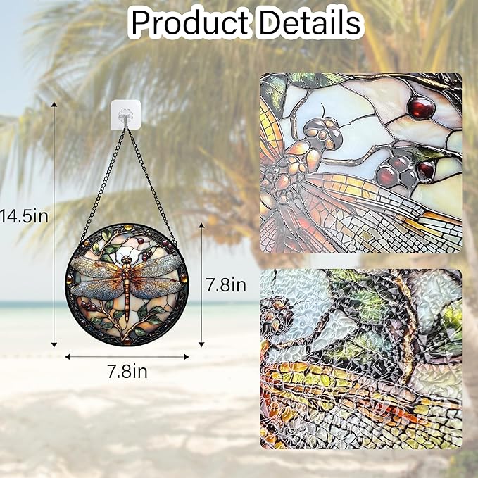 Stained Glass Window Hanging - Dragonfly Plant Suncatcher Ready to Hang Window Doors Home Decoration, Christmas, Mother's Day Birthday Gifts for Women, Men, and Mom 7.8x7.8 in