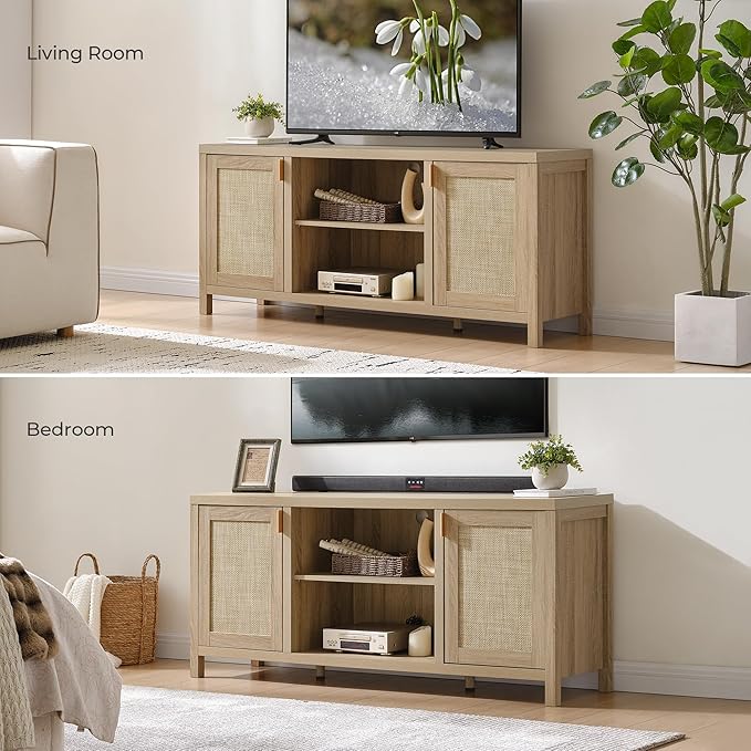 SICOTAS Rattan TV Stand for Living Room - 26" Tall TV Console Cabinet with Storage and Adjustable Shelf, Boho Entertainment Center, 59" Media Console for 50, 55, 65 Inch TV, Light Oak