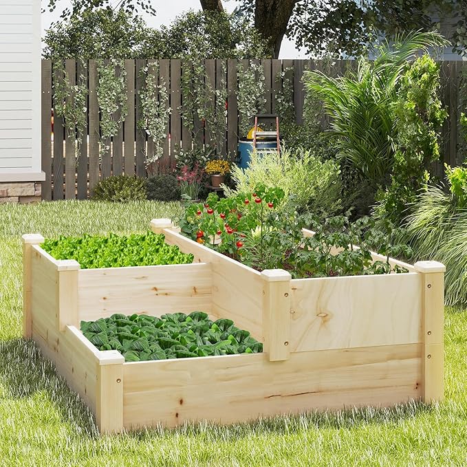 HAPPYGRILL 3-Tier Raised Garden Bed, Wood Elevated Planter Box w/Open-Ended Base, 3 Planting Depths& 2 Arrangement Options for Yard Lawn, Outdoor Planter Raised Beds for Vegetables Herbs Fruits