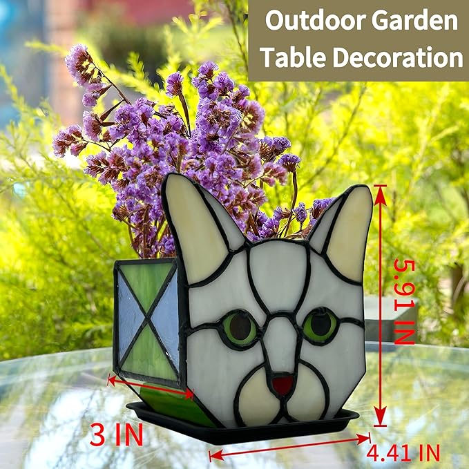 Stained Glass Grey Cat Succulent Planter,Grey Cat Flower Pot,Decorative Plant Pots,Cute Planters for Indoor Plants,with Drainage and Tray, Pen Holder Glass Container,Gifts for Plant Lovers