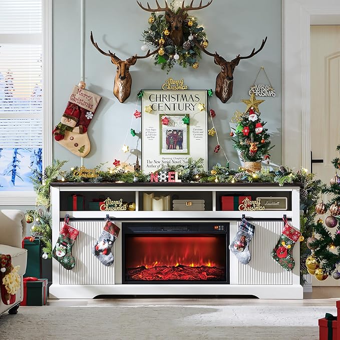 Fluted Fireplace TV Stand for TVs Up to 80 Inch with 30" Electric Fireplace, Modern Entertainment Center w/Waveform Panel Sliding Door & Adjustable Shelves, Media Console for Living Room (White)