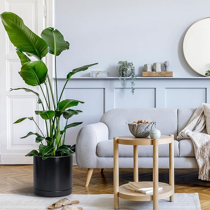 D'vine Dev 8.2 Inch & 10 Inch Ceramic Planter Pot for Plants with Drainage Hole and Saucer, Large Plant Pots Set, Black, 94-G-L-2