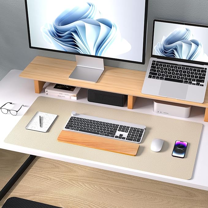 Aothia Non-Slip PU Leather Waterproof Laptop Desk Pad Protector, Blotter Mat, Writing and Mouse Pad for Office & Home, Beige, 23.6" x 13.7", Large