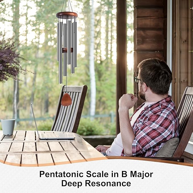 Large Aluminium Wind Chimes 37 Inches to Create a Zen Atmosphere Suitable for Outdoor, Garden, Patio Decoration. Classic Wind Chimes with Wind Catcher Suitable as A Gift for Unisex,Silver Grey