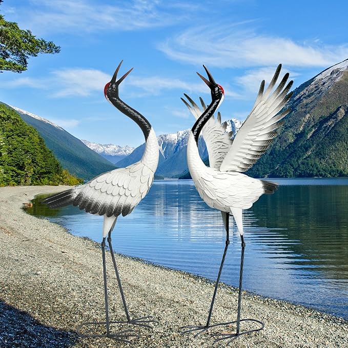 chisheen Crane Garden Statues Outdoor Metal Heron Yard Art Crane for Garden Sculptures Patio Lawn Ornaments,Set of 2