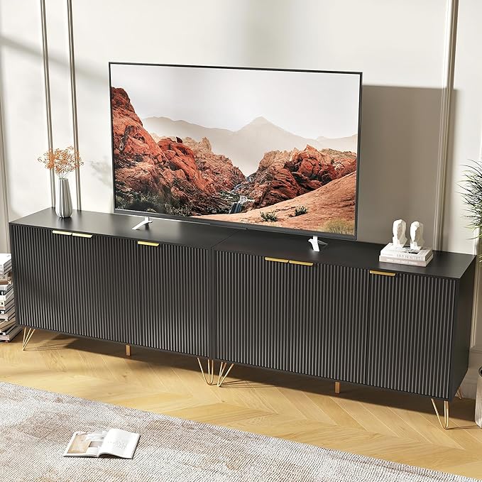 TV Stand for 90 inch TV Modern Entertainment Center Cabinet with 6 Doors Wood Media Console Storage Cabinets for Living Room Bedroom, Black