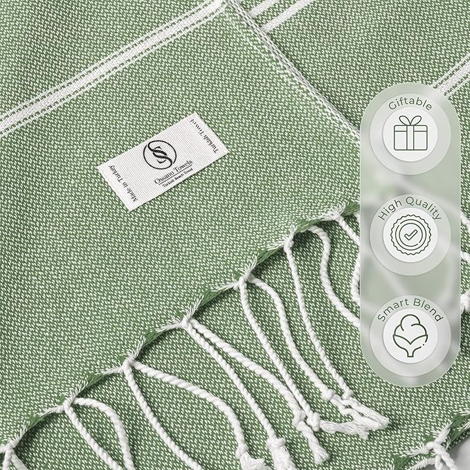 Turkish Beach Towel Absorbent & Quick Dry Oversized (39" x 71") - Compact, Versatile and Functional as Yoga Mat, Picnic, Outdoor and Travel Blanket, Workout Towel - Olive Green