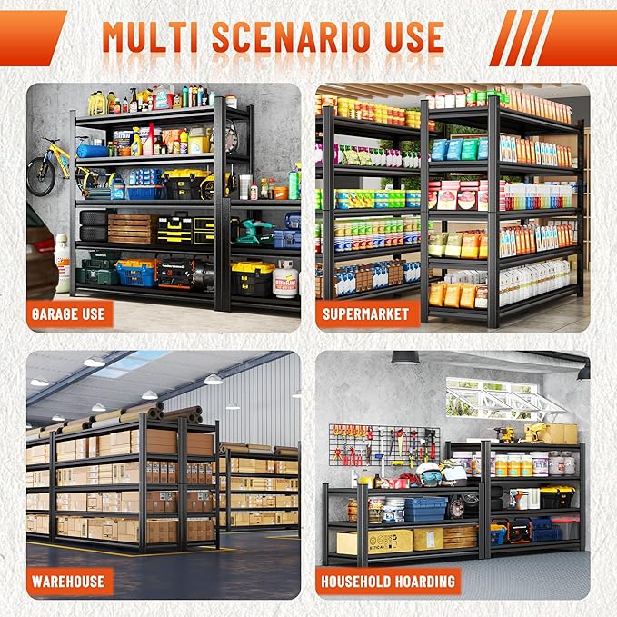 Heavy Duty 5-Tier Shelving Unit 2500LBS Capacity - Adjustable Steel Garage Shelves for Warehouse, Basement Storage(63''H x 45.3''W x 15.7''D)