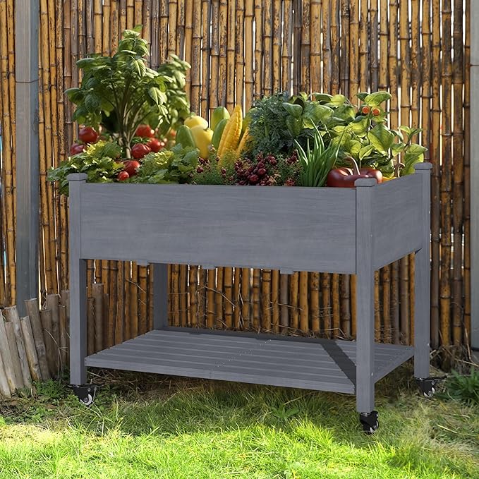 47.1x22.6x32.7in Raised Garden Bed Featuring Legs, Outdoor Elevated Wood Planted Box Equipped with Wheels & Shelf for Vegetable Flower, Backyard and Patio, Gray