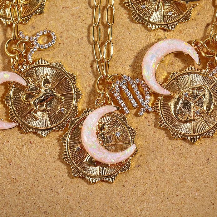 Gold Zodiac Sign Embossed Coin Opal Crescent Moon Charm Necklace for Women Trendy 18K Gold Plated Retro Paperclip Chain 12 Constellation Horoscope Necklaces Astrology Jewelry Gifts