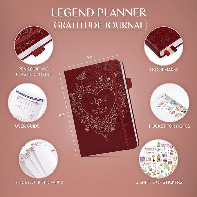 Legend Gratitude Journal – Guided Daily Journal to Foster Positivity & Happiness – Grateful Notebook to Write In – Inspirational Affirmation & Thankful Notebook – Hardcover (Wine Red)